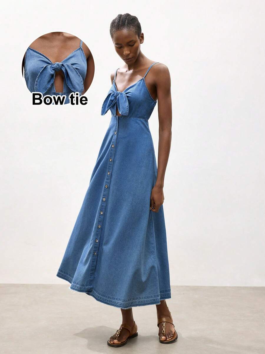 Maija Vestido de mezclilla casual de verano para mujer con cordones y tirantes calados - Lavado ligero - Ver 1