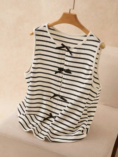 Elaquor Plus Size Summer Casual Striped Bow Decor Tank Top