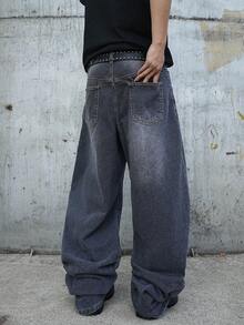 Manfinity Hypemode Men's Solid Color Minimalist Denim Curved Leg Pants - Light Grey - View 2