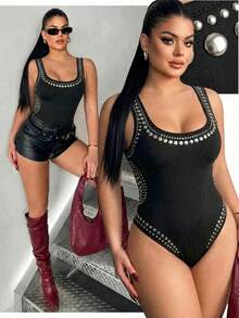 SHEIN SXY 大码方领无袖修身连体衣，夏季时尚 - 黑色 - 查看 5