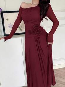Feyla Women's Solid Color Asymmetric Shoulder Long Sleeve Floral Decor Elegant Dress - Burgundy - View 5