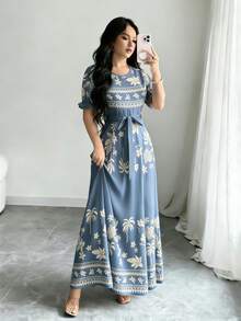 Modelyn 龟壳竹子、椰子树、散叶棕榈叶剪影图案三角形印花浅紫色连衣裙，女士时尚圆领短泡泡袖设计，配腰带，中长连衣裙，优雅夏季连衣裙 - 彩色 - 查看 1