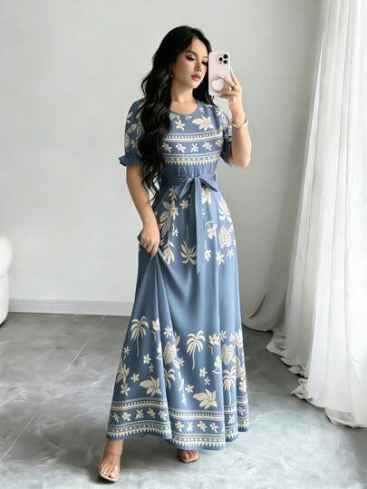 Modelyn Turtle Shell Bamboo, Coconut Tree, Scattered Leaf Palm Leaf Silhouette Graphic With Triangle Print Light Purple Dress, Women's Fashion Round Neck Short Puff Sleeve Design With Belt Waist Midi Dress, Elegant Summer Dress