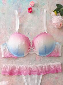 Elorette 2 piezas Conjunto de sujetador balconette con encaje de flores y degradado de color, sujetador con aros de alto soporte y push up, sujetador cómodo de uso diario para mujer, primavera/verano - Rosa - Ver 5
