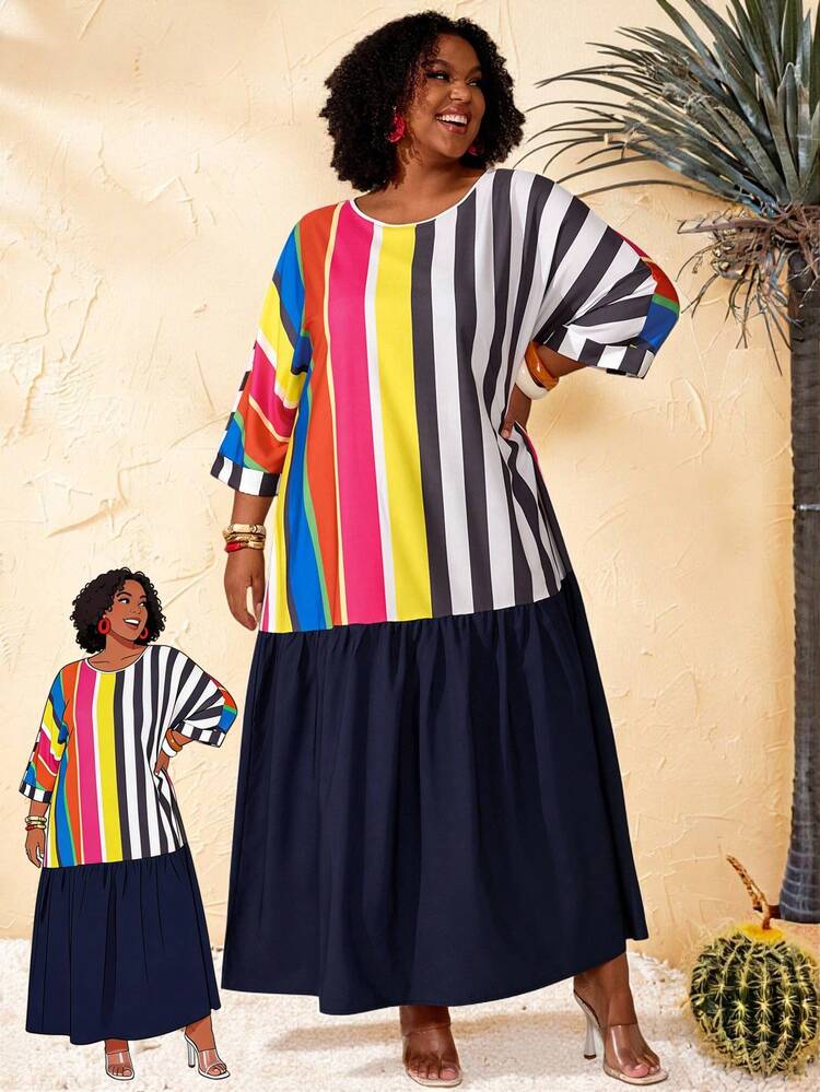 Plus Size Women's Summer Casual Vacation Color Striped Patchwork Loose Fit Long Dress For Summer/ Vacation,Summer Holiday,Spring Break Outfits ,Vacation Outfits Women ,Holiday Outfits For Women,Going Out Outfits,2026 New Clothes,Simple And Fashionable For Everyday Wear,Casual Dresses For Women,Flowy Long Dress ,Suitable For Summer, Vacation, Commute, Daily Wear Plus Size Casual Dress Summer Plus Size Dress