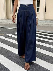 Serisse Women's High Waist Pleated Wide Leg Loose Casual Jeans Summer Carnival Costume Commuting Vacation Graduation Chic Y2k Cute Streetwear Coquette Party Wedding Elegant Business Casual Woman Business Beach Graduation Easter High Waist Wide Leg Jeans Dark Wash Casual Jeans Spring Commuter Jeans Classic Dark Blue High Ankle Pleated Wide Leg Jeans For Women Commuter Casual Style - Blue - View 9