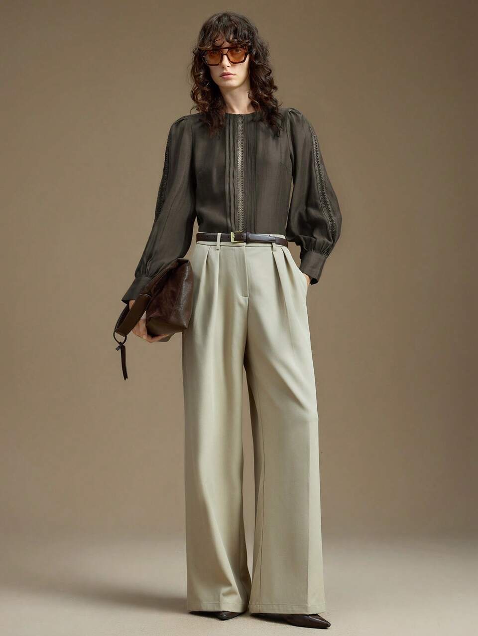Women's Acetate Linen Hollow Embroidered Round Neck Long Sleeve Blouse,Olive Green,Autumn,Elegant,Office Wear Business Casual Sophisticated Attire
