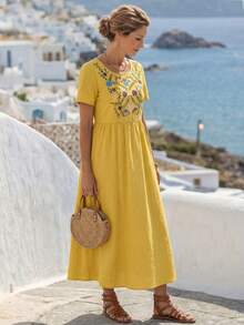 Faunlyn Đầm thường ngày cổ tròn tay ngắn dài vừa phải cho nữ, phù hợp cho mùa hè - Màu vàng - Xem 3