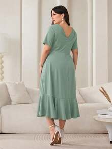Modelyn Vestido elegante de unicolor con volantes en el bajo, talla grande, para verano - Verde - Ver 2