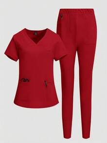 TaskEZ Solid Color V-Neck Short Sleeve Pocket Top And Pants Scrub Uniform Set - Red - View 3