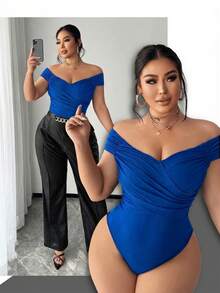 SHEIN SXY 大码女士性感露肩交叉褶皱连体衣，适合街头、休闲、性感、日常旅行、购物、约会等场合，穿着清爽舒适，易于搭配，显瘦，凸显身材，修饰身形。 - 藍色 - 查看 1