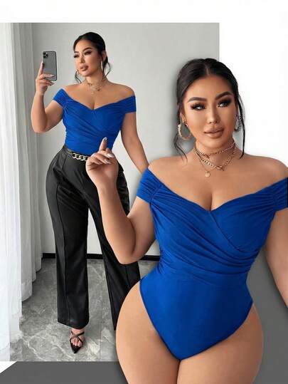 SHEIN SXY Plus Size Women's Sexy Off Shoulder Criss-Cross Ruched Bodysuit, Suitable For Street, Casual, Sexy, Daily Travel, Shopping, Dating, Cool And Comfortable To Wear, Easy To Match & Looks Slim, Accentuates Your Body, Flatters The Figure