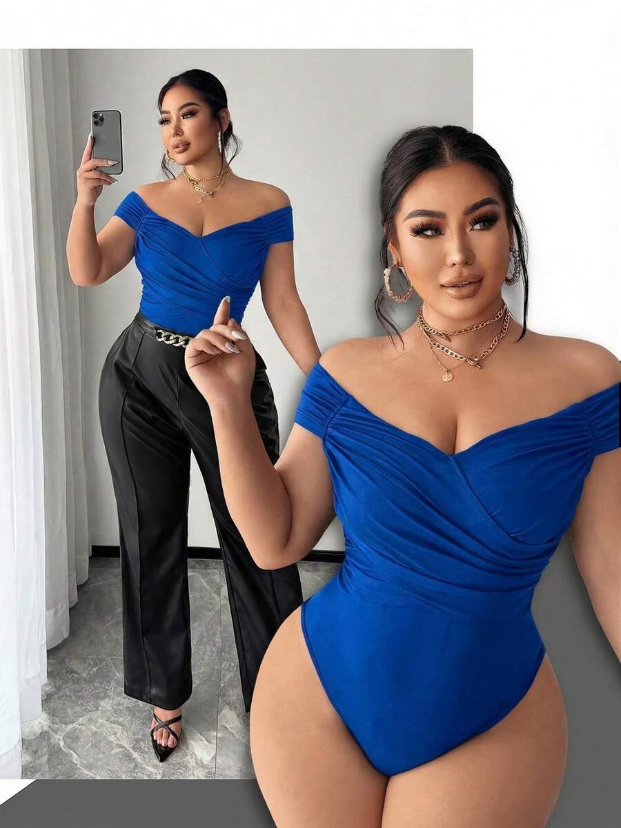 SHEIN SXY 大码女士性感露肩交叉褶皱连体衣，适合街头、休闲、性感、日常旅行、购物、约会等场合，穿着清爽舒适，易于搭配，显瘦，凸显身材，修饰身形。 - 藍色 - 查看 1