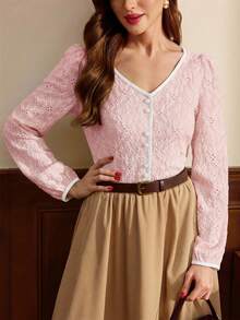 Vintamour 复古优雅女士花卉提花纹理撞色滚边纽扣前襟休闲度假T恤 秋季女装 秋季女装 秋季女装 秋季女装 冬季女装 冬季女装 圣诞节女装 圣诞节女装 圣诞节女装 优雅女士衬衫 - 粉色 - 查看 7