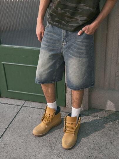 Open Phase 男士印花斜插袋牛仔短裤，修身直筒及膝短裤，夏季薄面料，emo 风格