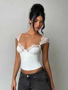 Aloruh White Lace Patchwork T-Shirt, Elegant For Commuting And Casual Wear, Solid Color Top,Y2K,Summer Top,Beach Outfits Suitable For Office, Work, Airport, And Vacation. Cute Sexy Tops Cute Top Body Tops For Ladies - White - View 7