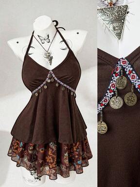 Sunspun Plus Size Women's Halter Neck Tie Waist Cashew Print Ruched Fashionable Versatile Casual Top