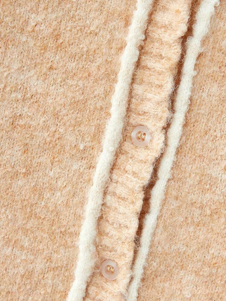 Cream Textured Knit Cardigan With Contrast Detail And V-Neckline Chic Style
