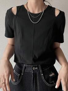 FRIFUL Women's Summer Spring Solid Color Slim Fit Flattering Versatile Short Sleeve T-Shirt - Black - View 6