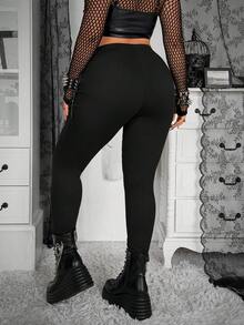 Whyspr 女士街头风长款抽绳针织打底裤，春夏款 - 黑色 - 查看 2