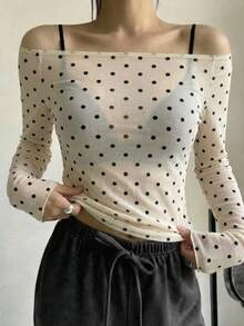DAZY Polka Dot Print Off-Shoulder Fitted Top For Women - Beige - View 1