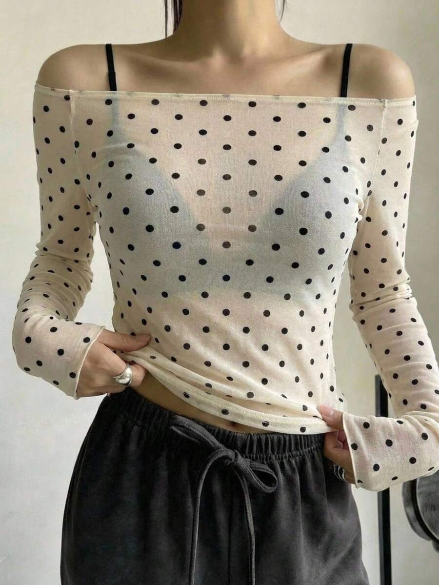 DAZY Polka Dot Print Off-Shoulder Fitted Top For Women - Beige - View 1