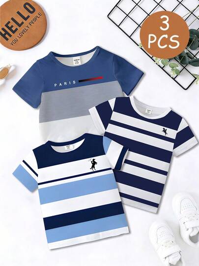 Conjunto de 3 piezas de ropa para bebé niño, con diseño minimalista de logo, rayas y estampado de letras en camiseta de manga corta y cuello redondo, adecuado para salidas de verano
