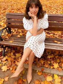 INAWLY Women's Elegant Polka Dot Print Lace Patchwork Summer Dress - Ivory White - View 8