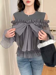 FRIFUL Women's Solid Color Sheer Mesh Fabric 2 In 1 Bowknot Ruffle Trim Sleeve Fitted Casual Versatile Two Pieces Set - Grey - View 5