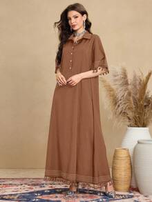 Al Najma Gaun Wanita Lengan Pendek Kerah Kemeja Desain Rumbai Retro, Gaya Arab Kasual - Kopi - View 7
