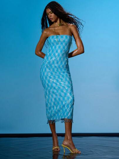 MUSERA Sequin Pattern Fitted Bandeau Maxi Dress Summer Sexy Going Out Beach Holiday Ibiza Club Tropical Fever