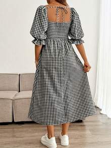 SHEIN Đầm bầu kiểu vintage giản dị, phong cách nghỉ dưỡng, cổ vuông, tay bồng, in họa tiết, thích hợp cho mùa xuân/hè/thu. - Đen và trắng - Xem 2