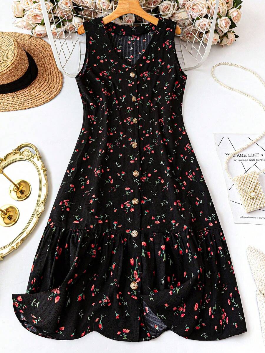 SHEIN PETITE Đầm babydoll họa tiết hoa nhí dành cho nữ, kiểu dáng thoải mái, không tay, thích hợp cho kỳ nghỉ hoặc mặc hàng ngày. - Nhiều màu - Xem 1