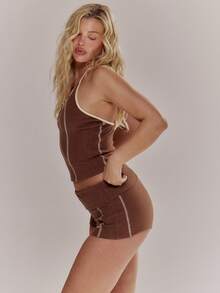 MUSERA 撞色滚边印花露背上衣和超短裤套装，春夏可爱少女风，适合度假、海滩、日常休闲穿着。 - 彩色 - 查看 4