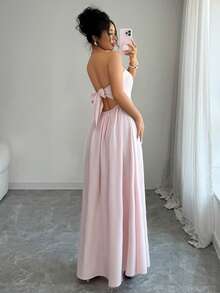 SHEIN Elenzya Đầm dài màu hồng thanh lịch dành cho nữ, đầm đi biển thoải mái, thích hợp cho các buổi hẹn hò, tiệc tùng, kỷ niệm, đám cưới và những buổi đi chơi hàng ngày vào mùa hè. - Hồng - Xem 4