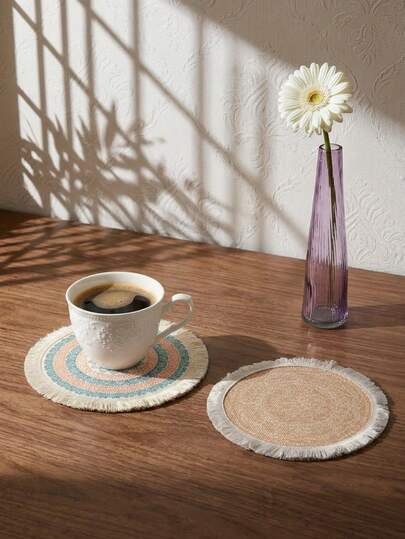 Cirelle 1 件套圆形波西米亚风编织餐垫，耐热，可作装饰杯垫，适用于餐桌、厨房、家居装饰、晚宴等场合，手工制作，天然色