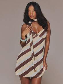 MUSERA Đầm chữ A dáng ngắn với chi tiết khăn quàng cổ kẻ sọc, thích hợp cho mùa xuân hè, kỳ nghỉ, du lịch, sang trọng, dự tiệc tối, dự đám cưới, hẹn hò trang trọng. - Nhiều màu - Xem 5