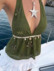 Aloruh Women's Sexy Sequin Backless Camisole Top, Shell & Starfish Woven Strap Decor Top Suitable For Beach, Tropical Vacation, Club Party, Festivals, An Ideal Choice For Women's Beach Vacation, Boho, Tropical Holiday Occasions. This Cute Top Is Simple And Fashionable, Suitable For Business Casual, Commuting, Office Wear, Showcasing Elegant Elegant, Suitable For Outings, School And Various Occasions. - Pink - View 8