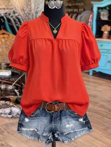Linhara Women's Spring/Summer Stand Collar Puff Sleeve Elegant Short Sleeve Blouse, Suitable For Dates, Commuting, Hanging Out With Friends Women's Tops And Blouses Blouse For Women Casual Elegant Latest Tops For Women New Arrivals Women's Tops For Summer Blouse For Women - Burnt Orange - View 1