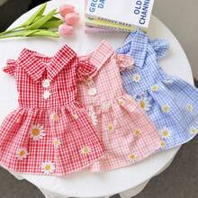 PETSIN 田园法式风格雏菊格纹宠物连衣裙，配有娃娃领和荷叶袖，甜美春夏户外装扮，适合猫狗 - 彩色 - 查看 6