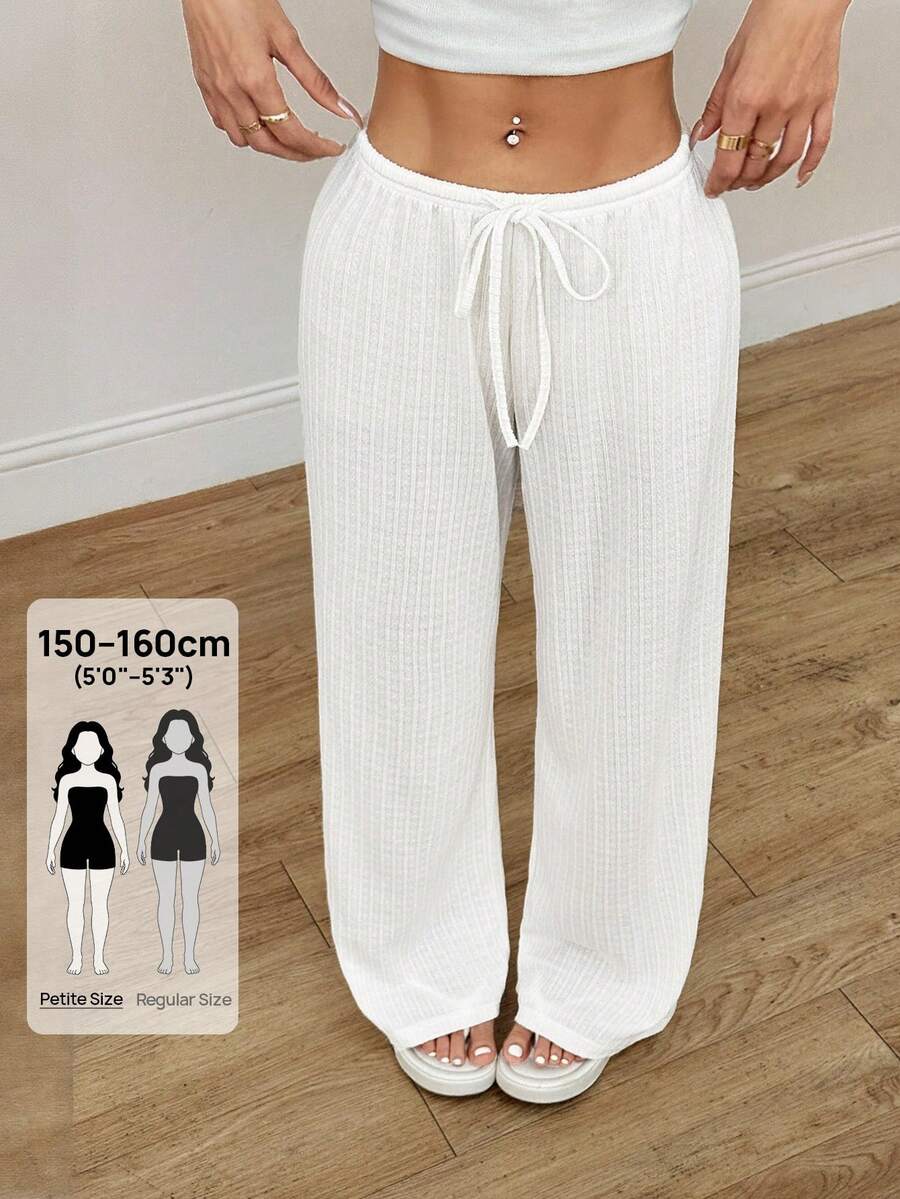 SHEIN PETITE 女装夏季新款针织纹理浅白色休闲裤，适合度假穿着，秋冬休闲居家 - 白色 - 查看 1