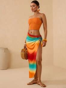 Vesra Women's Vacation Beach Ombre High Slit Skirt - Multicolor - View 3
