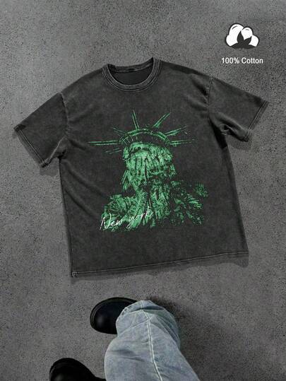 Manfinity EMRG Men's New York Slogan & Statue Of Liberty Graphic Print T-Shirt, American Street Style Cotton Crew Neck Short Sleeve Tee Graphic Tees Men Vintage Acid Wash Tshirt  Vacation Outfits  Black Top