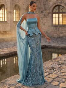 Aureia 优雅奢华的串珠、亮片和刺绣弹力缎面美人鱼裙摆无肩带连衣裙，配有可拆卸挂脖，适合婚礼、活动、派对、度假、盛会、正式场合（装饰繁复） - 藍色 - 查看 8