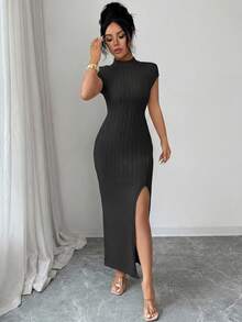 Elenzga Đầm dài nữ thanh lịch, thoải mái, thích hợp cho công sở, với cổ đứng, tay raglan, chất liệu gân, đường may eo, xẻ tà bên. - màu đen - Xem 5