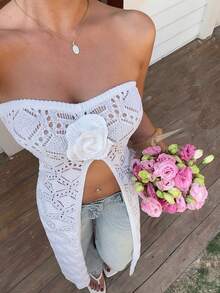 Selianne Áo croptop dài xẻ tà, khoét eo, kiểu dáng gợi cảm mùa xuân/hè mới, thiết kế hoa 3D dành cho nữ. - Màu be - Xem 7