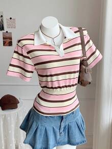 Comfortcana Women's 90s Retro Back-To-School Pink And White Striped Polo Shirt,Summer Casual Short Sleeve Ruffle Graphic Tee Tops For School Clothing - White - View 5