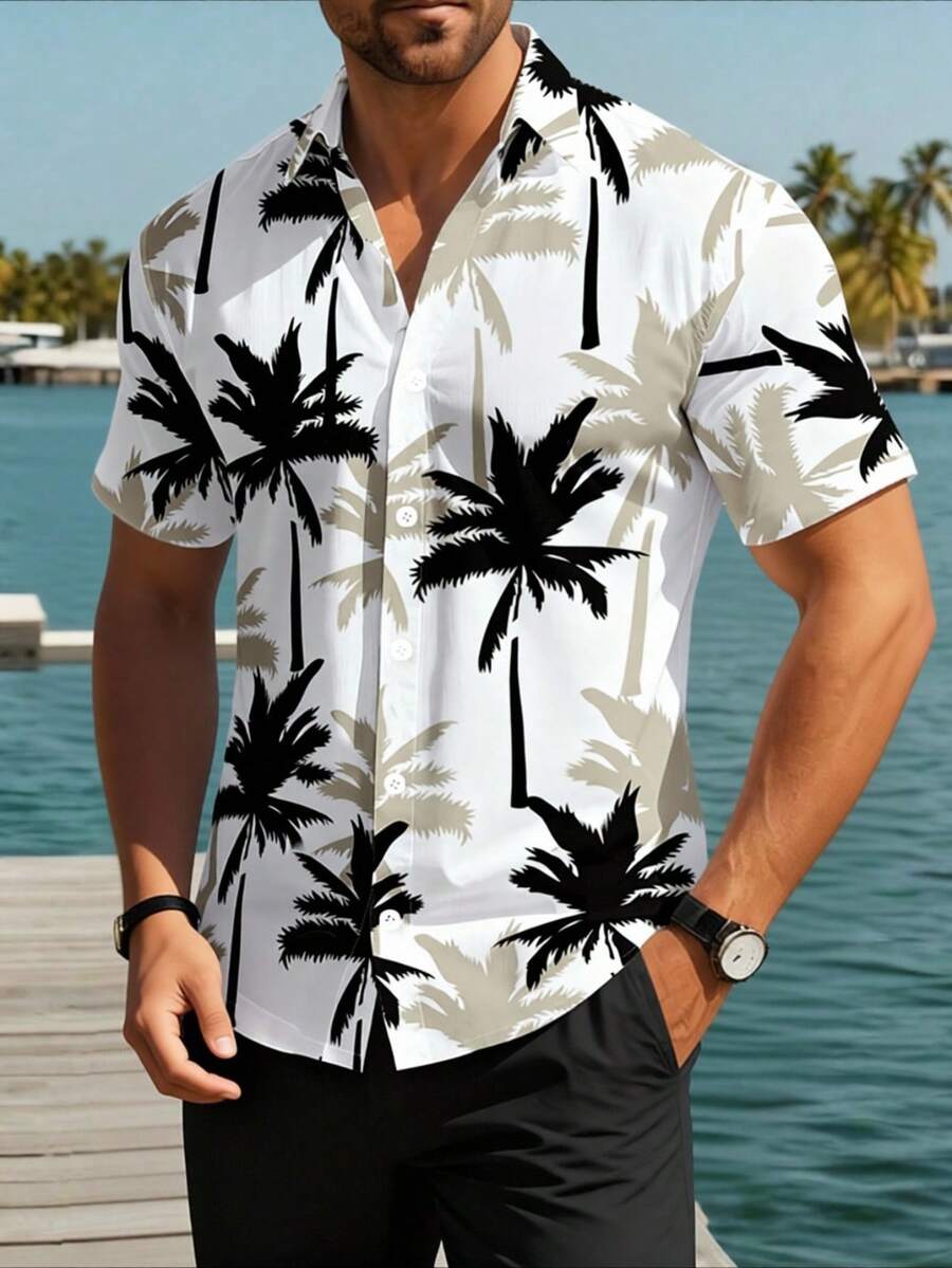 Manfinity RSRT 男士棕榈树印花单排扣短袖休闲衬衫 男士棕榈树衬衫 男士度假衬衫 夏威夷印花衬衫 度假套装 白色上衣 假日套装 夏季上衣 男装 女士衬衫 春季上衣 春季服装