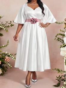 Fleurora Plus Size Women White Elegant Summer Dress,Wedding Ninang Round Neck Flare Sleeve A Line Satin Midi Dress,Formal Party Cocktail Graduation Gown - White - View 4