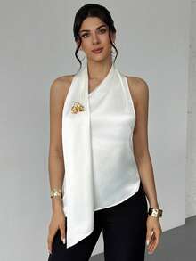Rafferiza Elegant Sexy Metal Decor Backless Halter Neck Blouse For Summer Golf White - Beige - View 5